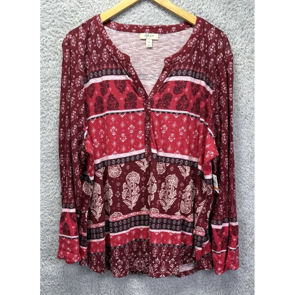 NEW Style & Co Womens 3X Red Floral Tunic Blouse V Neck Roll Tab Sleeve Boho